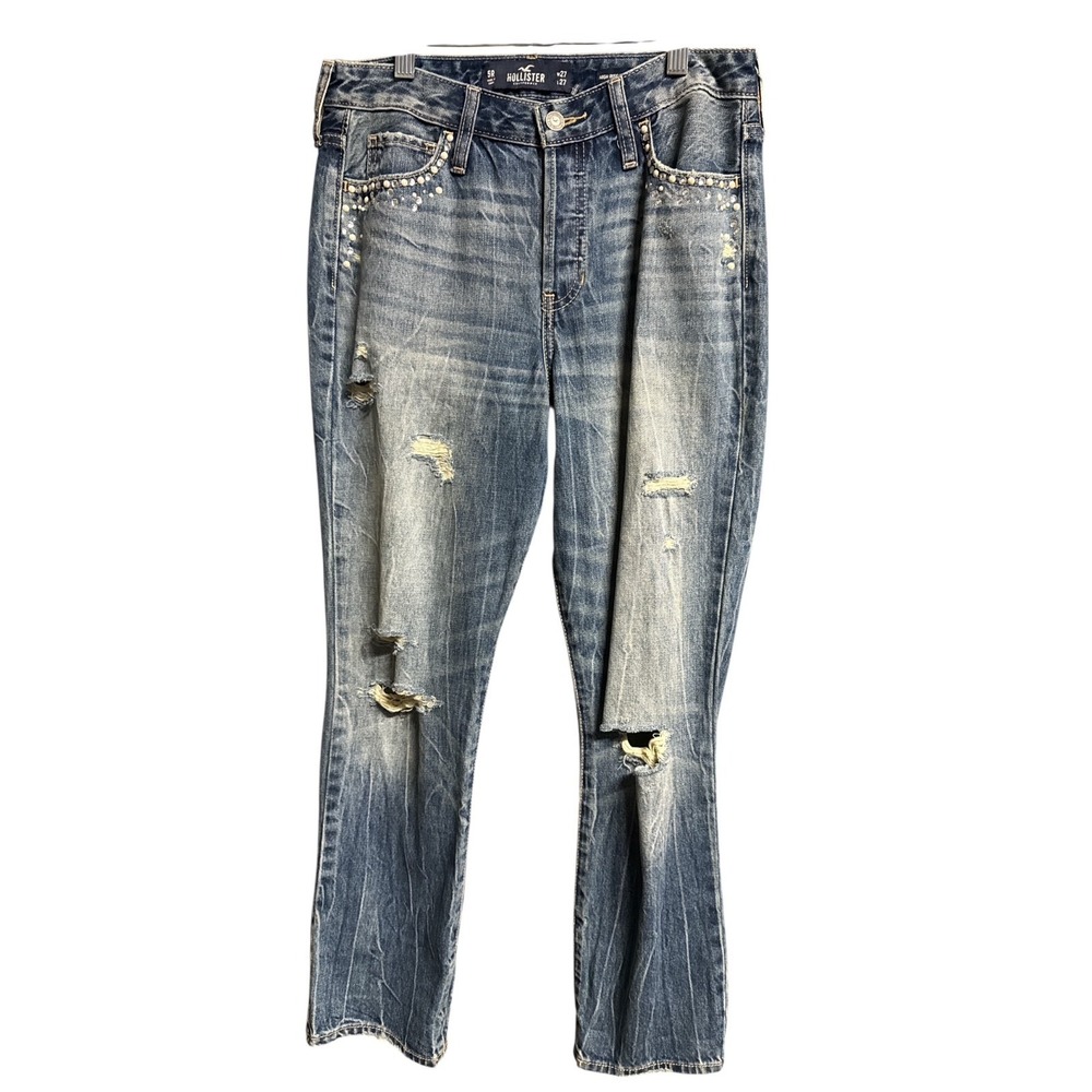 Hollister High Rise Y2K Rare Straight Jeans Size 5R W27 Blue Bedazzle Distressed